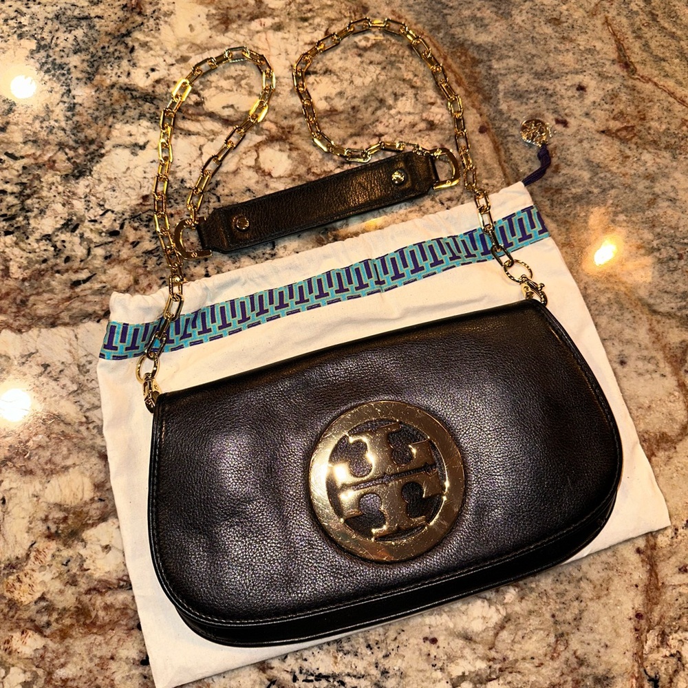 Tory Burch, black leather Crossbody with gold chain